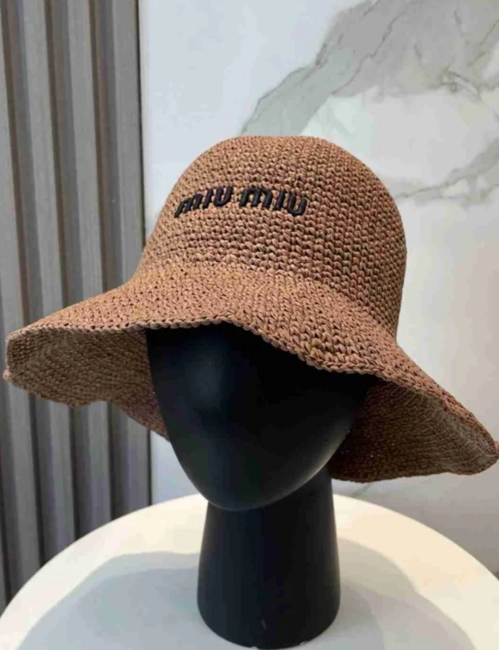 Miu Miu Embroidered Logo Wide Brim Bucket Sun Hat